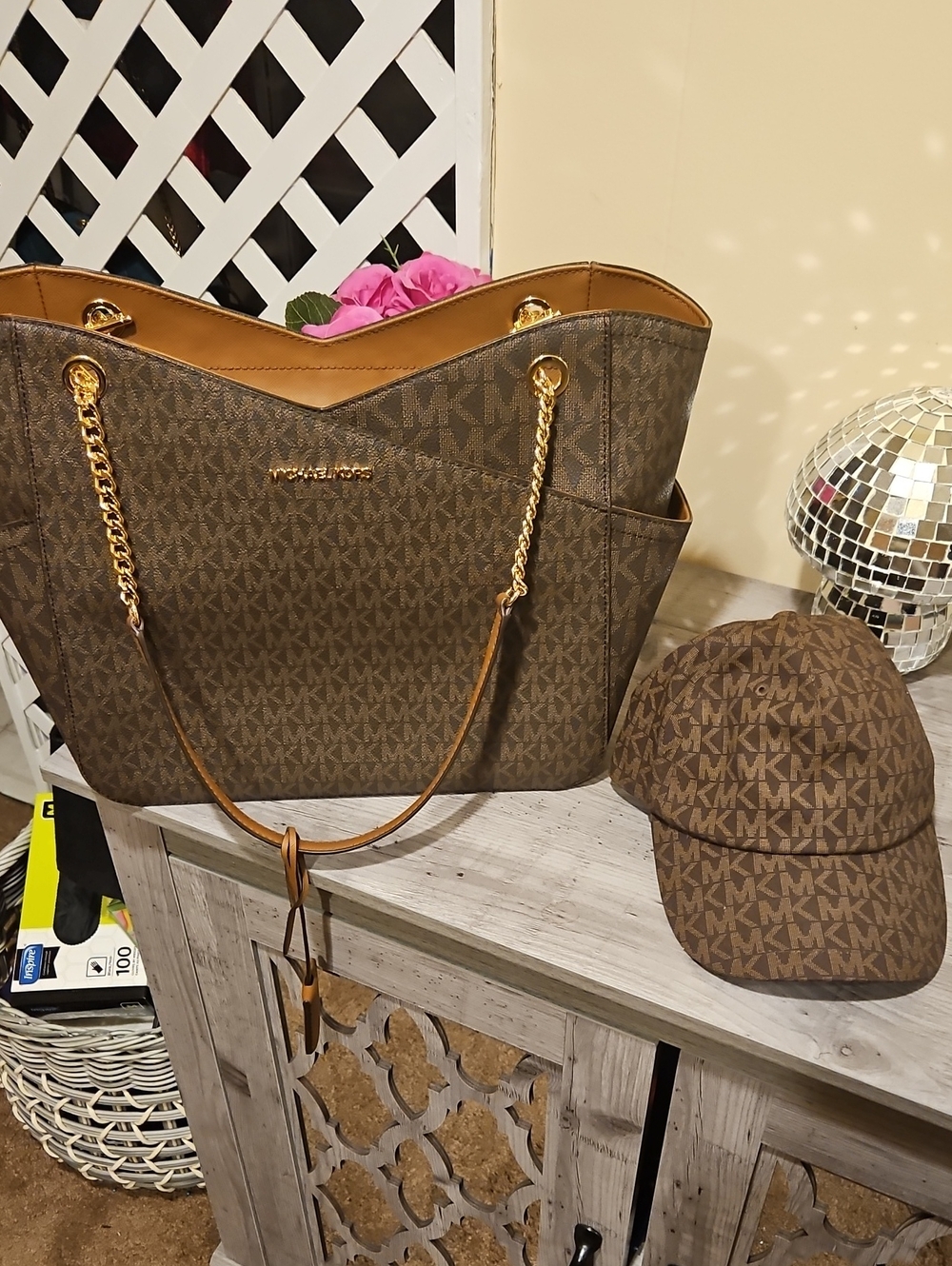 Michael Kors Brown Signature Logo Tote Bag with Matching Cap